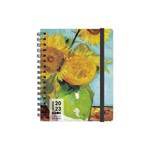 Cartoleria Agenda giornaliera Kaos 2023, Van Gogh, Tre Girasoli, spiralata con elastico - 9 x 14 cm Kaos 