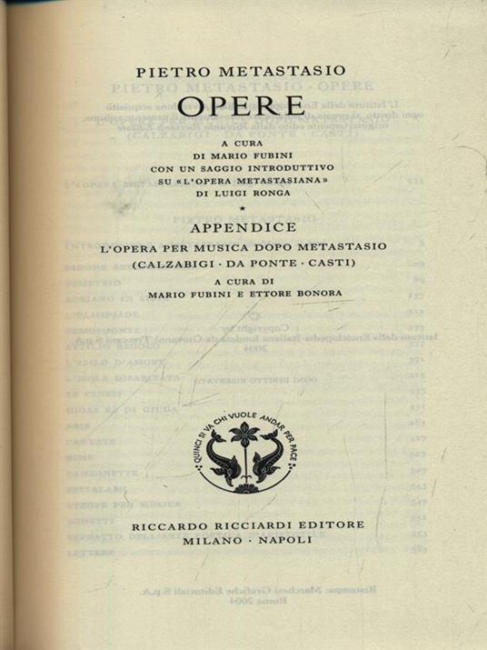 Pietro Metastasio. Opere. Appendice: l'Opera per musica dopo Metastasio. Vol. 41 - copertina