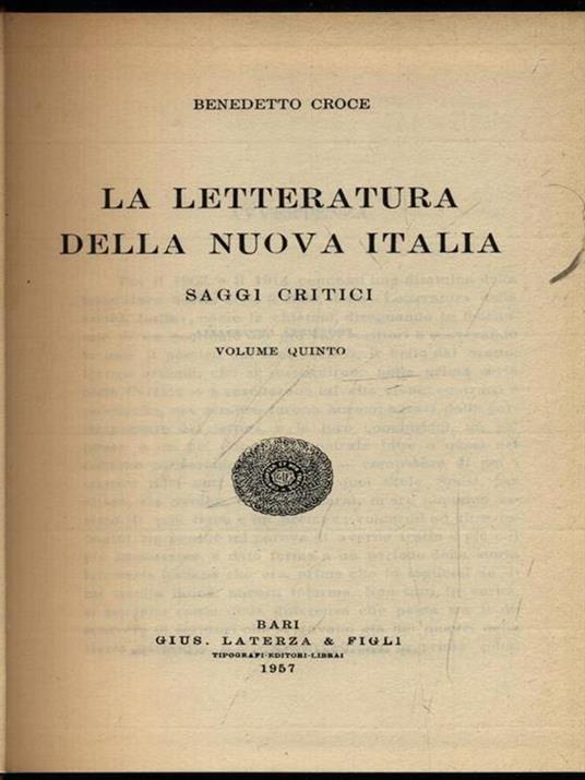 La Letteratura della nuova Italia. Saggi critici. Volume quinto - Benedetto Croce - copertina