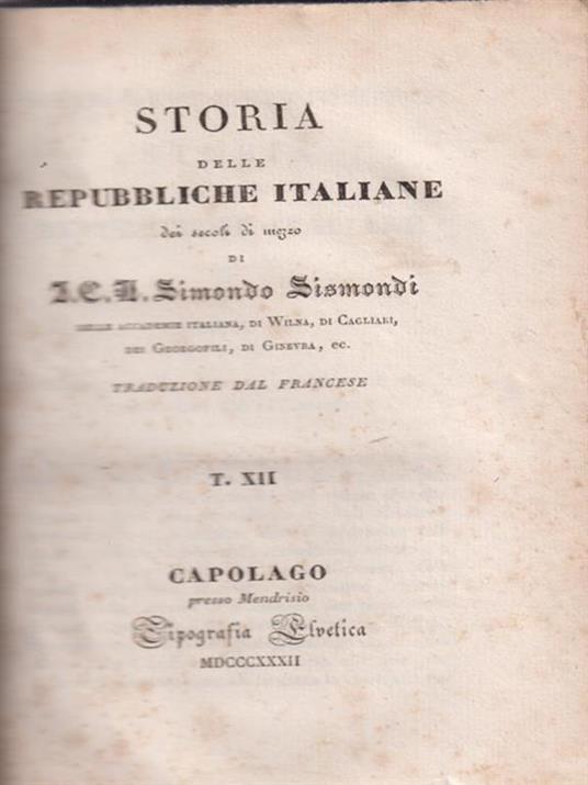 Storia delle Repubbliche Italiane dei secoli di mezzo XII - Simonde de Sismondi - copertina