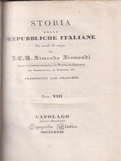 Storia delle Repubbliche Italiane dei secoli di mezzo VIII - Simonde de Sismondi - copertina
