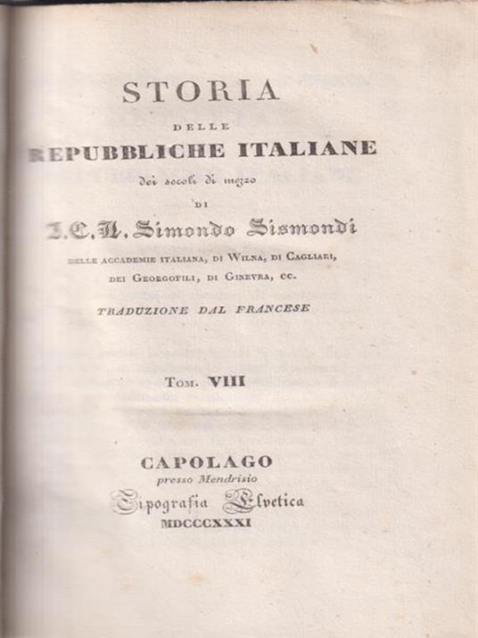 Storia delle Repubbliche Italiane dei secoli di mezzo VIII - Simonde de Sismondi - copertina