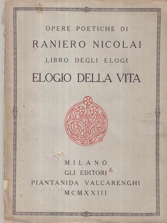 Elogio della vita - Raniero Nicolai - copertina