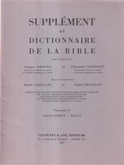 Supplement au dictionnaire de la Bible fascicule 61 - copertina