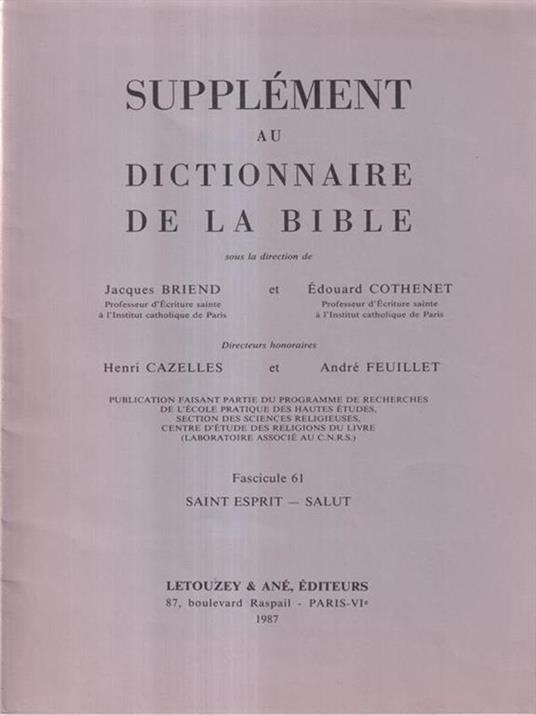 Supplement au dictionnaire de la Bible fascicule 61 - copertina