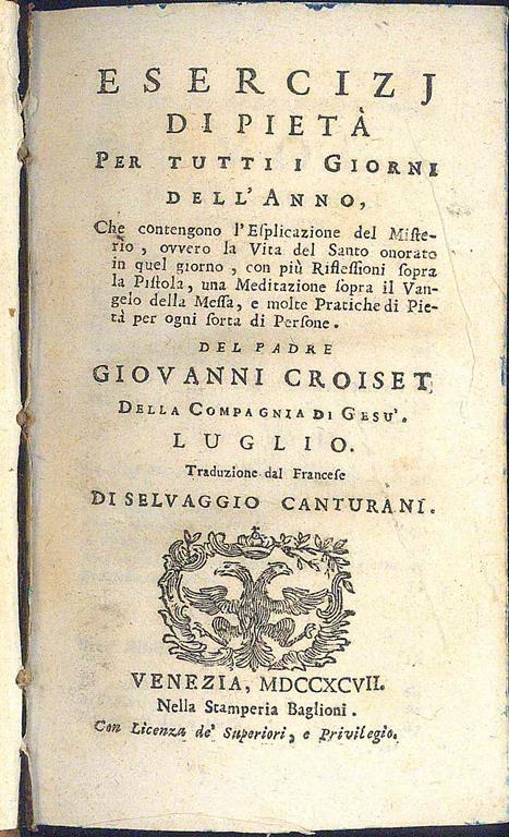Esercizi di pietà per tutti i giorni dell' anno. Luglio - Jean Croiset - copertina
