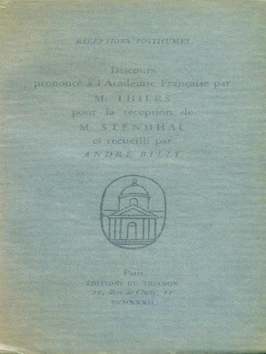 Receptions de Stendhal - H. Thiers - copertina