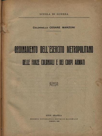 Ordinamento dell'esercito metropolitano delle forze coloniali e dei corpi armati - Carlo Manzoni - copertina