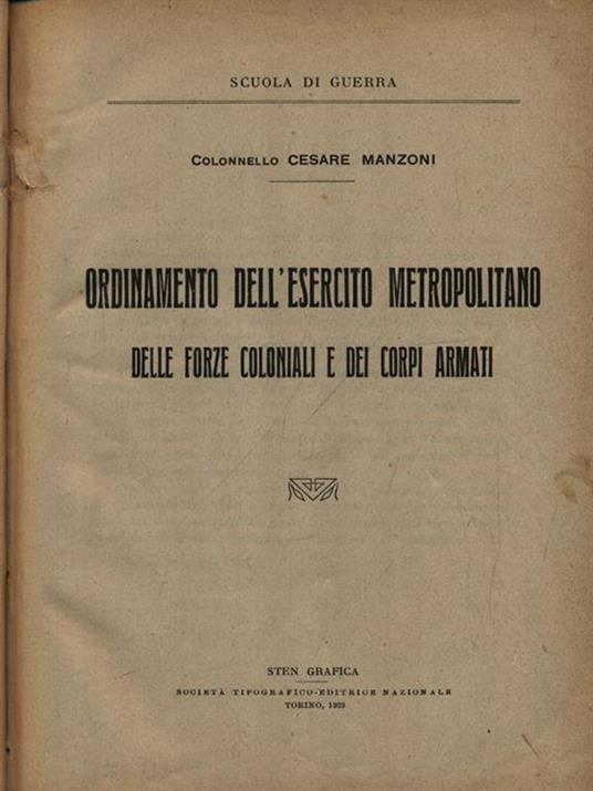 Ordinamento dell'esercito metropolitano delle forze coloniali e dei corpi armati - Carlo Manzoni - copertina