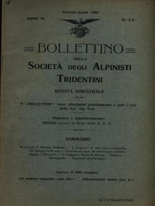 Bollettino della società degli alpinisti tridentini gennaio-aprile 1909 - copertina