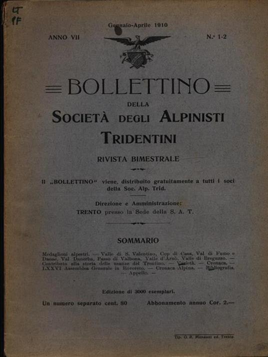 Bollettino della società degli alpinisti tridentini gennaio-aprile 1910 - copertina