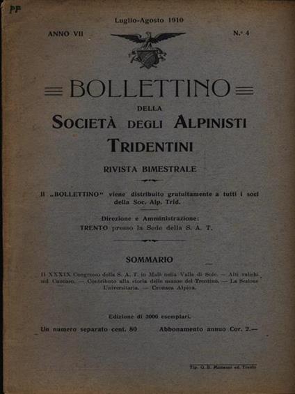 Bollettino della società degli alpinisti tridentini luglio agosto 1910 - copertina