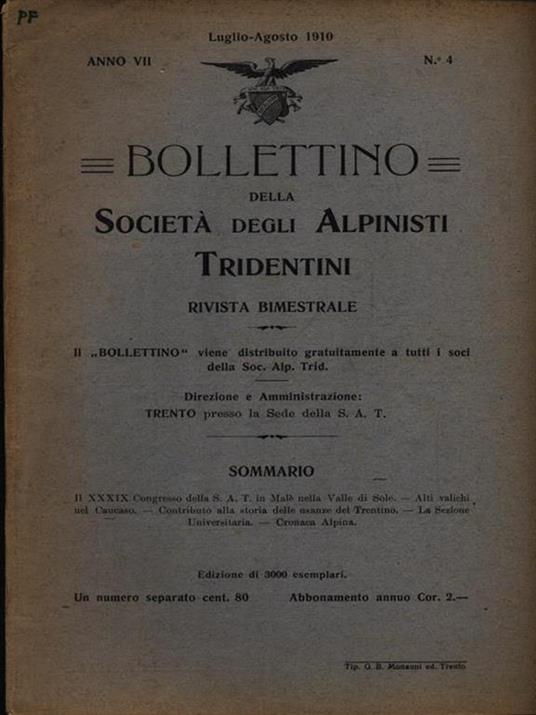 Bollettino della società degli alpinisti tridentini luglio agosto 1910 - copertina