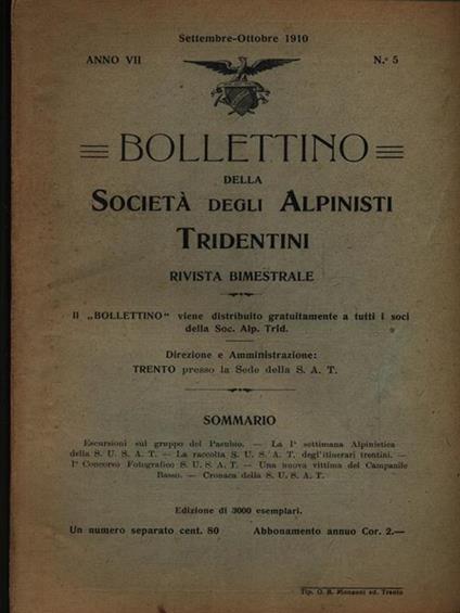 Bollettino della società degli alpinisti tridentini settembre-ottobre 1910 - copertina