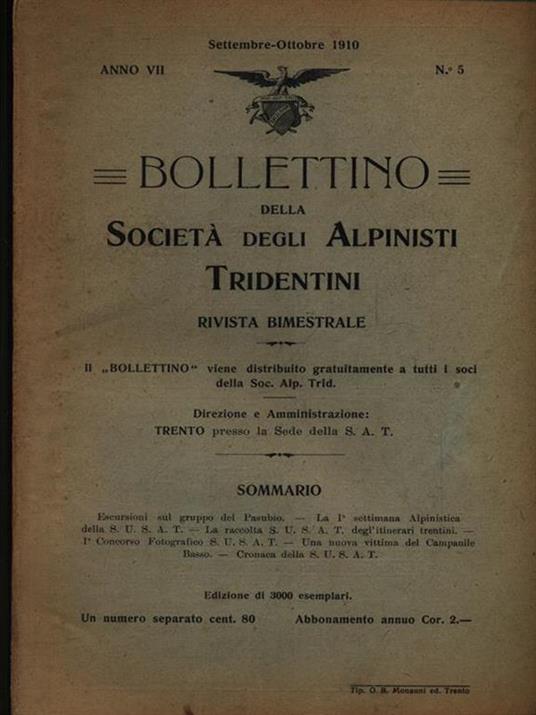 Bollettino della società degli alpinisti tridentini settembre-ottobre 1910 - copertina