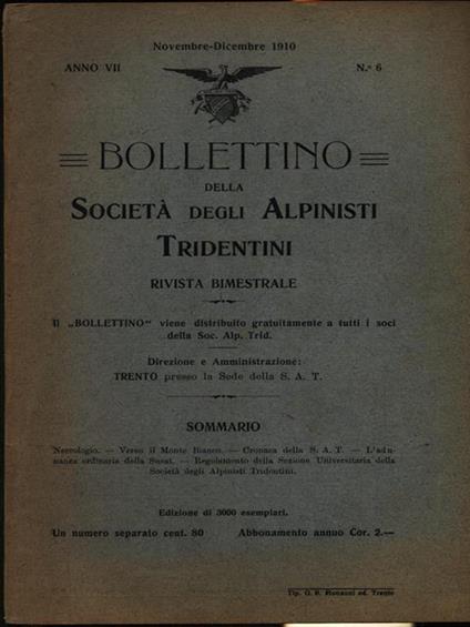 Bollettino della società degli alpinisti tridentini novembre-dicembre 1910 - copertina