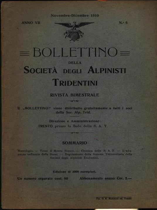 Bollettino della società degli alpinisti tridentini novembre-dicembre 1910 - copertina