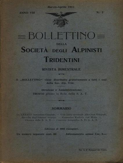 Bollettino della società degli alpinisti tridentini marzo-aprile 1911 - copertina