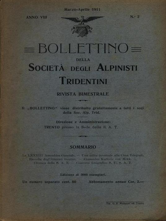 Bollettino della società degli alpinisti tridentini marzo-aprile 1911 - copertina