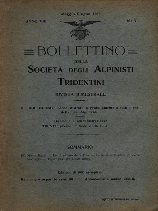 Bollettino della società degli alpinisti tridentini maggio-giugno 1911 - copertina