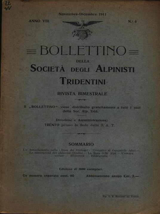Bollettino della società degli alpinisti tridentini novembre-dicembre 1911 - copertina