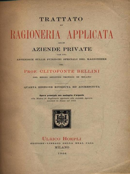 Trattato di ragioneria applicata alle aziende private - Clitofonte Bellini - copertina