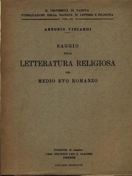 Saggio sulla letteratura religiosa del Medio Evo romanzo - Antonio Viscardi - copertina