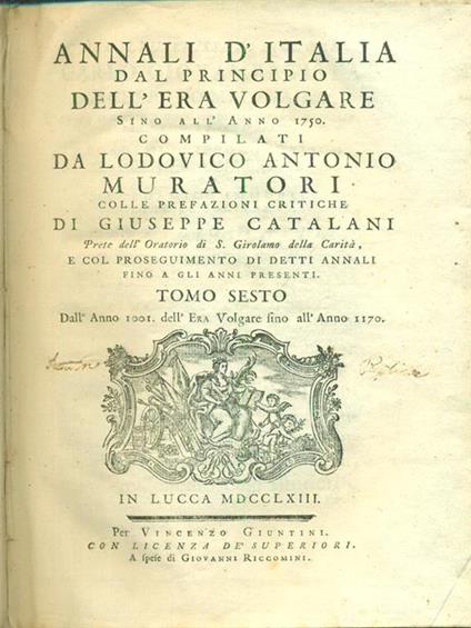 Annali d'Italia dal principio dell'era volgare sino all'anno 1750 6vv - Lodovico Antonio Muratori - copertina
