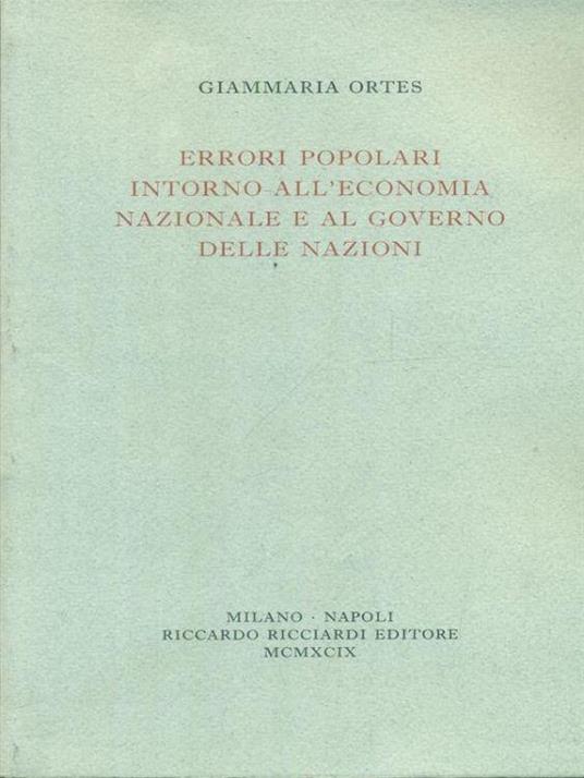 Errori popolari intorno all'economia nazionale e al governo delle nazioni - Giammaria Ortes - copertina