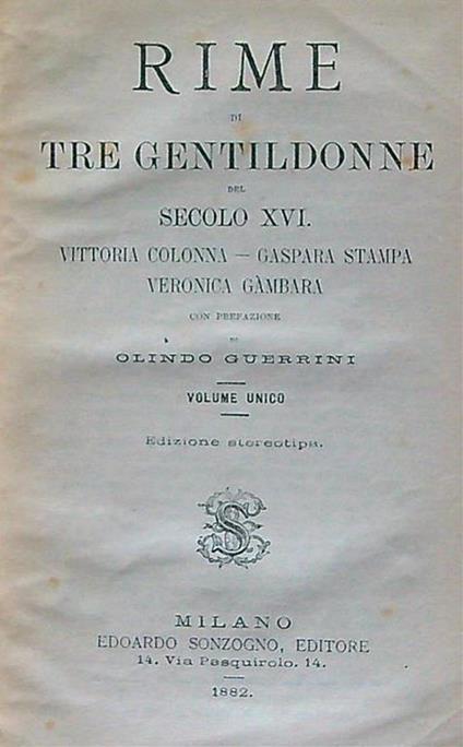 Rime di tre gentildonne del secolo XVI - Olindo Guerrini - copertina