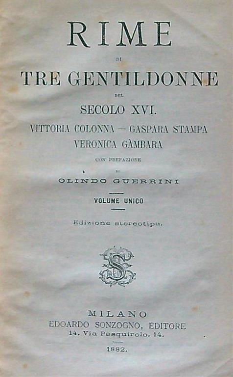 Rime di tre gentildonne del secolo XVI - Olindo Guerrini - copertina