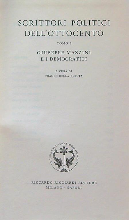 Scrittori politici dell'Ottocento tomo 1 Giuseppe Mazzini e i democratici - Franco Della Peruta - copertina