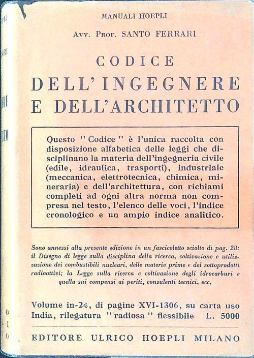 Codice dell'ingegnere e dell'architetto - Santo Ferrari - copertina