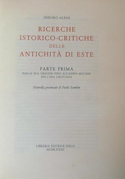 Ricerche istorico-critiche delle antichita' di Este. Parte prima - copertina