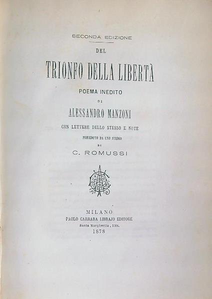 Del trionfo della libertà. Poema inedito - Alessandro Manzoni - copertina