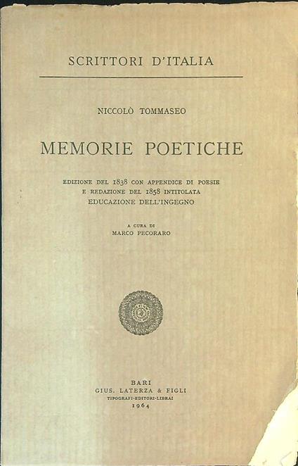 Memorie poetiche - Niccolò Tommaseo - copertina