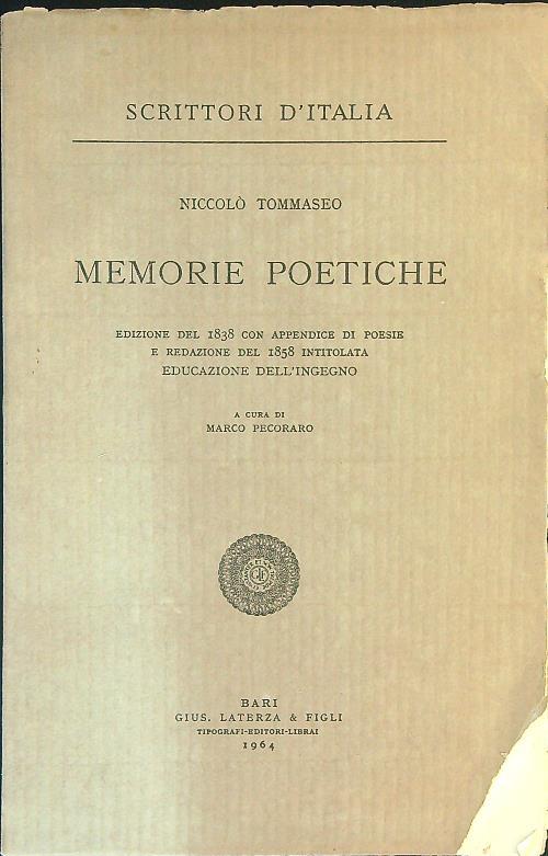 Memorie poetiche - Niccolò Tommaseo - copertina