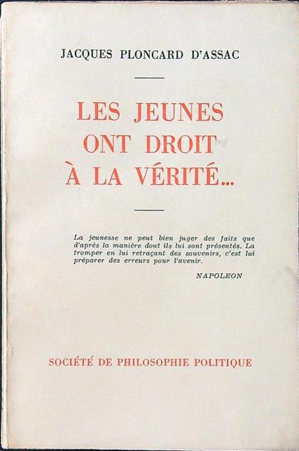 Les jeunes ont droit à la vérité - Jacques Ploncard d'Assac - copertina