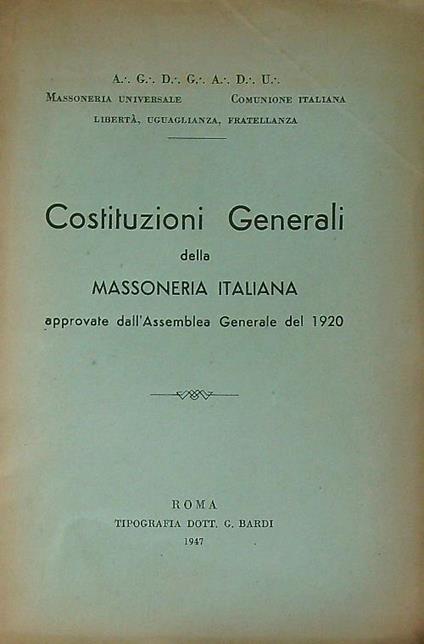 Costituzioni generali della Massoneria italiana 1920 - copertina