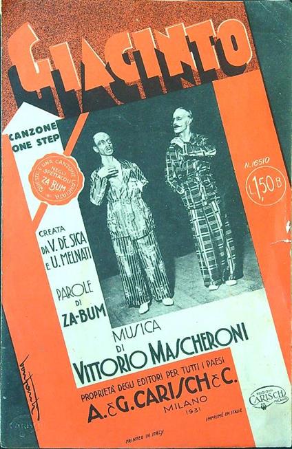 Giacinto. Canzone one step creata da V. De Sica e U. Melnati. Parole di Za-Bum - Vittorio Mascheroni - copertina