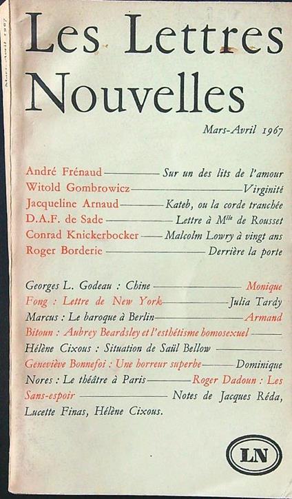 Les  Lettres Nouvelles mars-avril 1967 - copertina