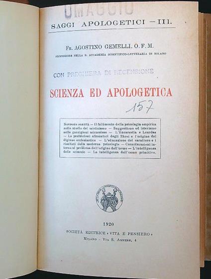 Scienza ed apologetica - Agostino Gemelli - copertina