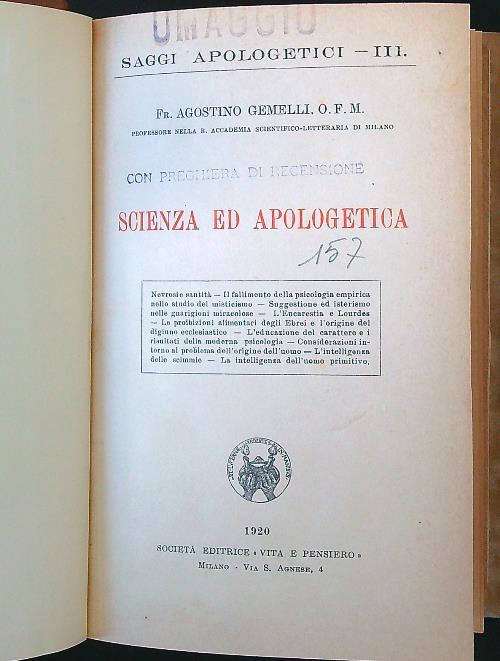 Scienza ed apologetica - Agostino Gemelli - copertina