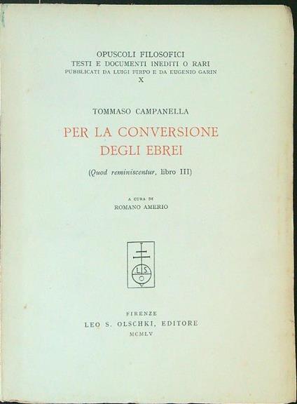 Per la conversione degli ebrei - Tommaso Campanella - copertina