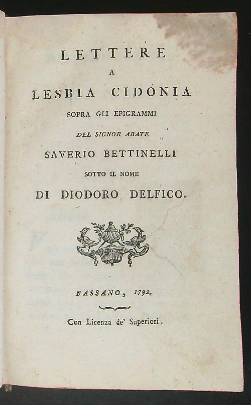 Lettere a lesbia cidonia - Saverio Bettinelli - copertina