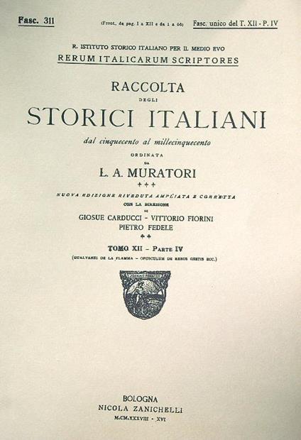 Rerum Italicarum scriptores Raccolta Degli Storici Italiani XII/IV Fasc 311 - L.A. Muratori - copertina