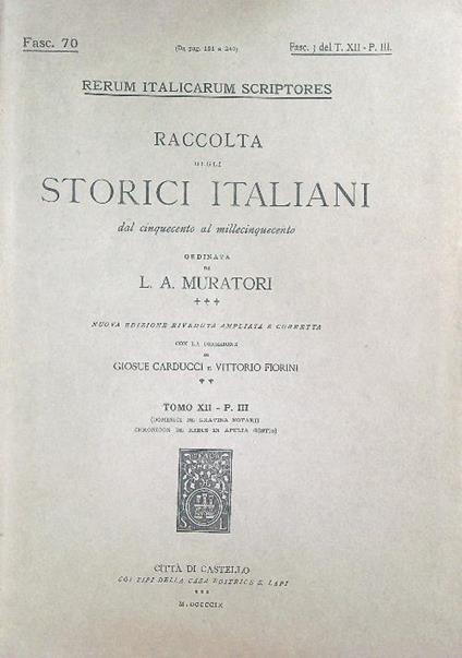 Dominici de Gravina notarii Chronicon de rebus in Apulia gestis Fasc 3/XII PT 3 - l.a. Muratori - copertina