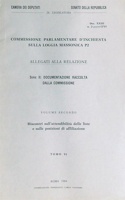 Commissione parlamentare d'inchiesta sulla loggia  P2 Serie 2 Vol 2 t VI - copertina