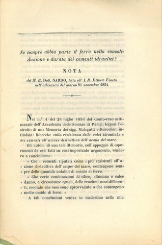 Se sempre abbia parte il ferro nella consolidazione e durata dei cementi idraulici - Giandomenico Nardo - copertina