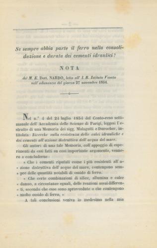 Se sempre abbia parte il ferro nella consolidazione e durata dei cementi idraulici - Giandomenico Nardo - copertina